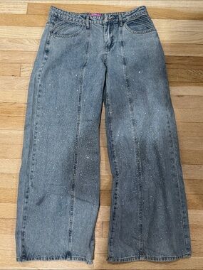 Wide Leg Women's Jeans with Sparkle Detail - Blue